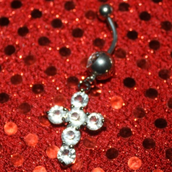 Stainless Steel Rhinestone Cross Belly Ring - Picture 3 of 3